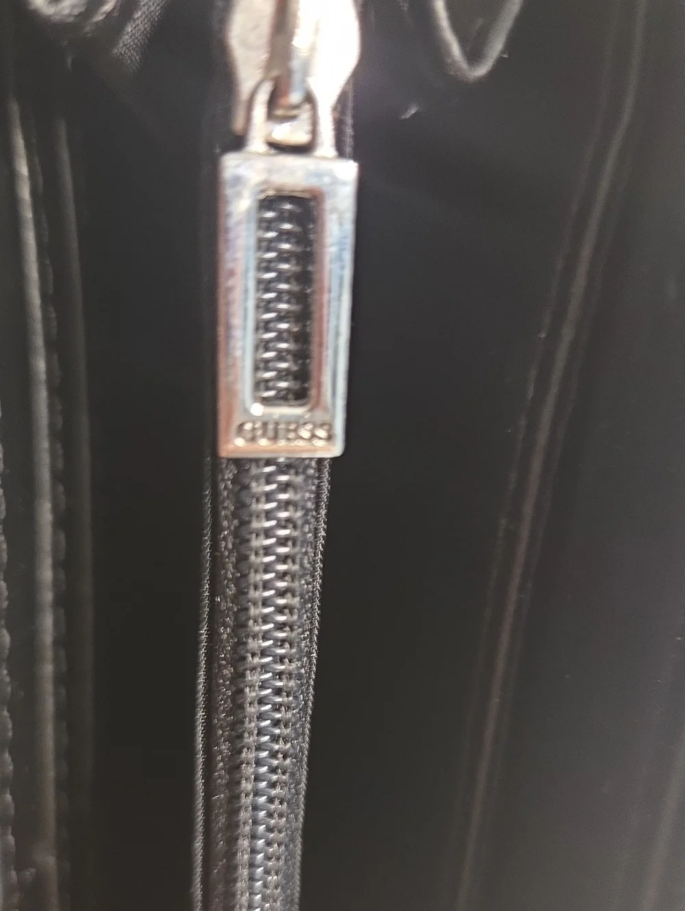 Pre-loved Guess Black Saffiano Zip Wallet with Silver Triangle Logo